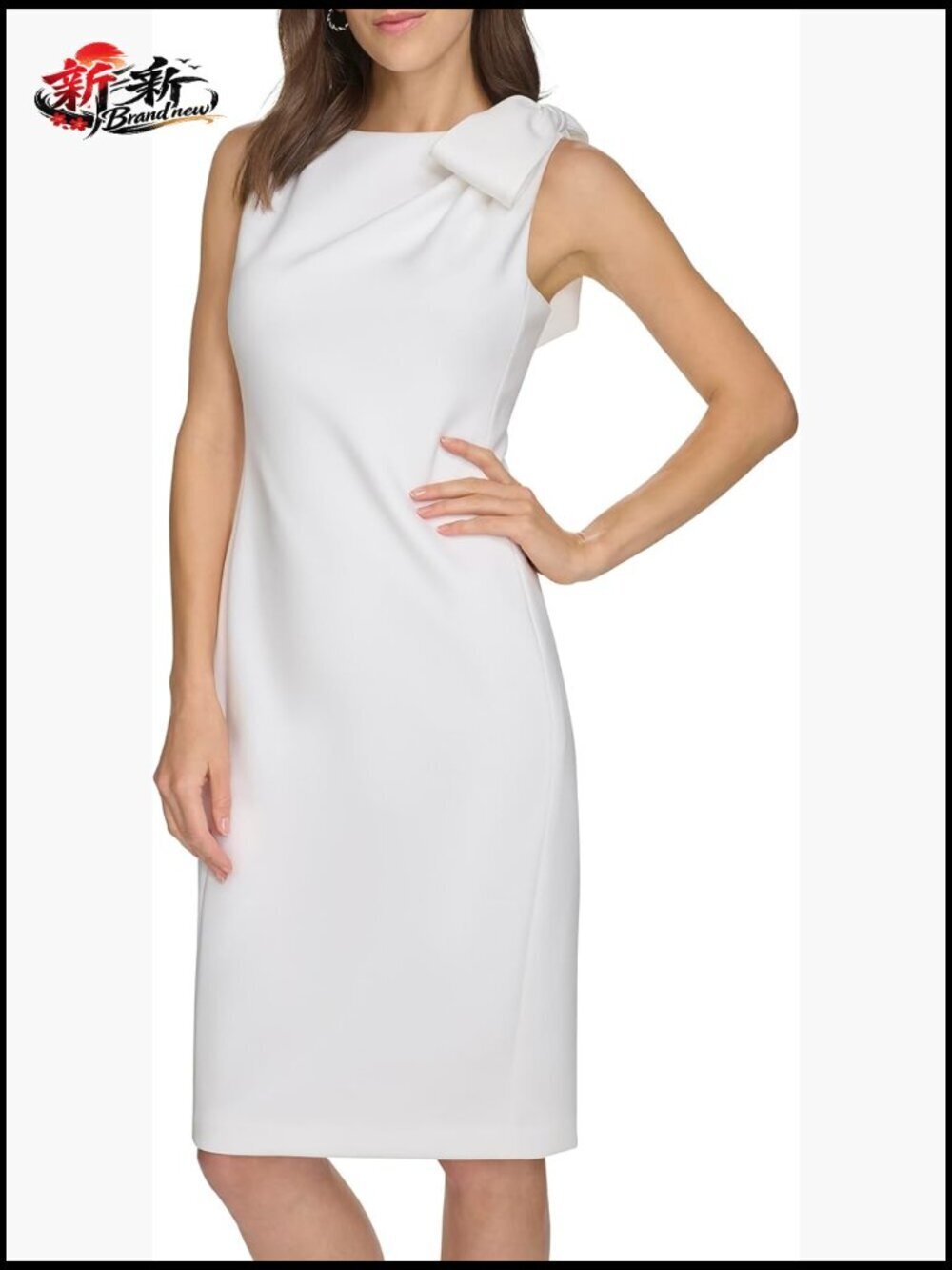 Sleeveless Bow Shoulder Detail Knee Length Crepe Sheath Dress